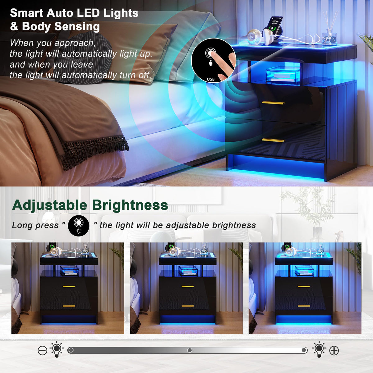 Black High Gloss Nightstand with Charging Station and 2 Drawers V27526