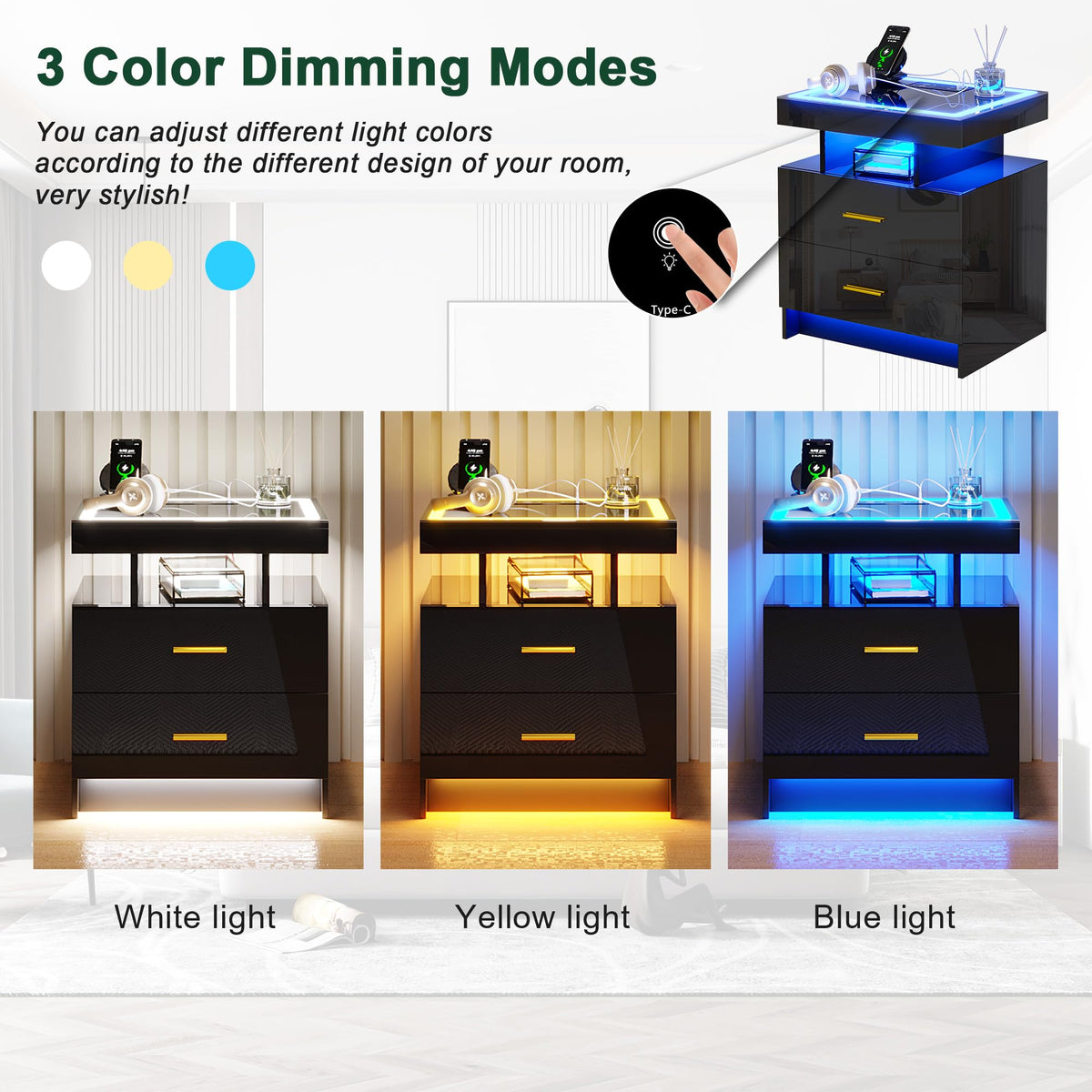 Black High Gloss Nightstand with Charging Station and 2 Drawers V27526