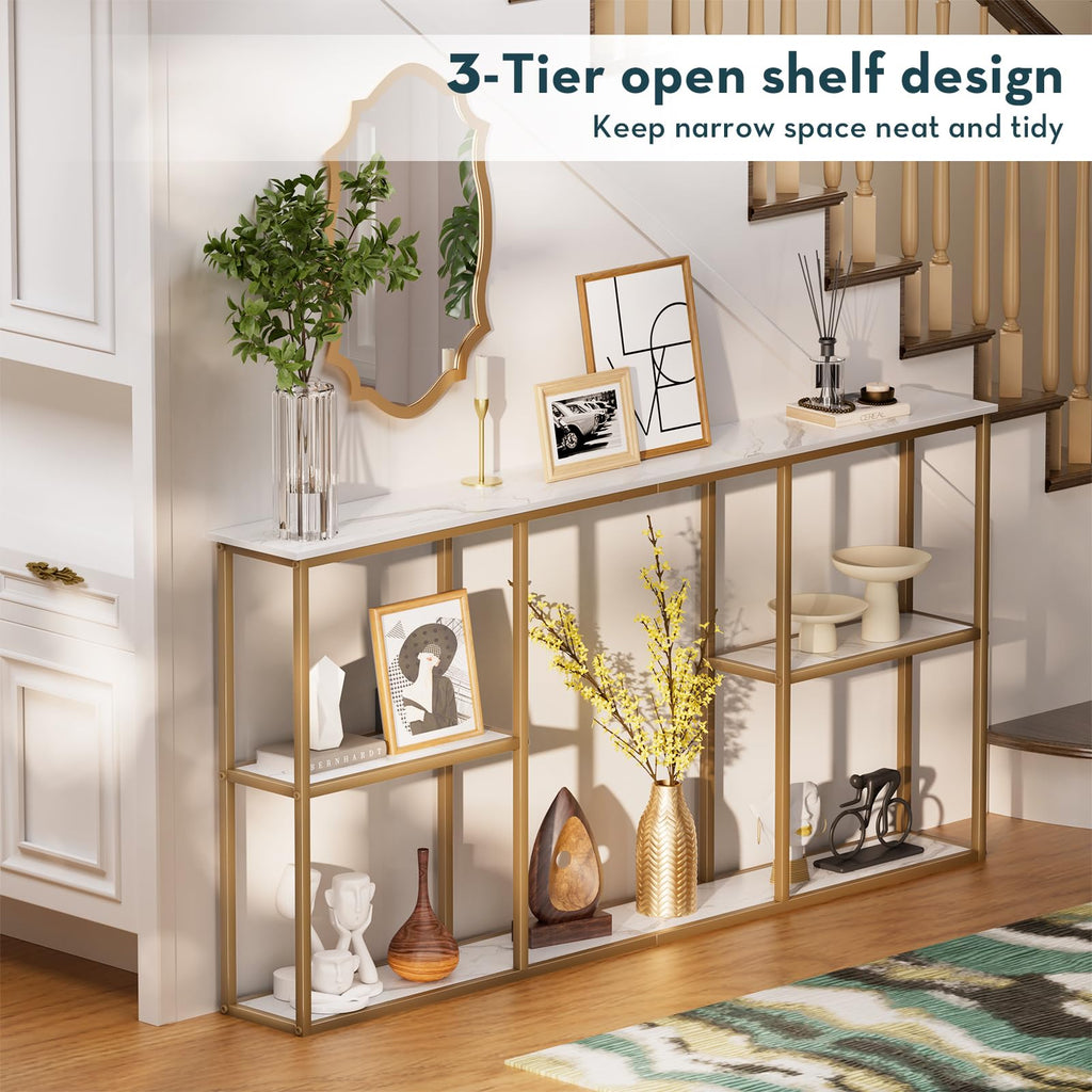 63 in Entryway Table with Shelves White Gold G64585