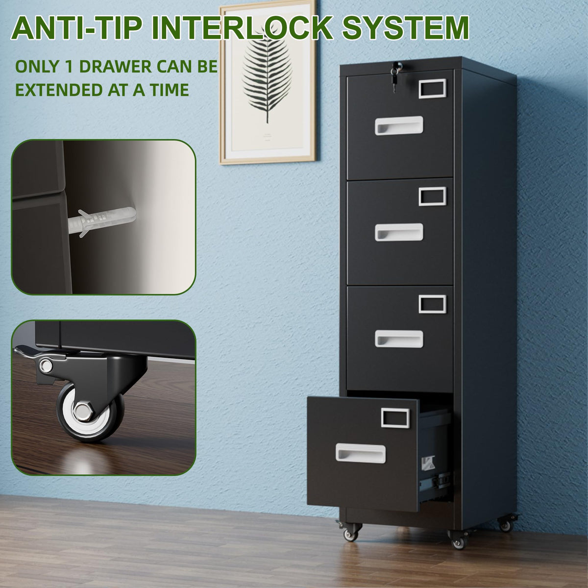 Metal 4 Drawer File Cabinet with Lock and Wheels, Black I958