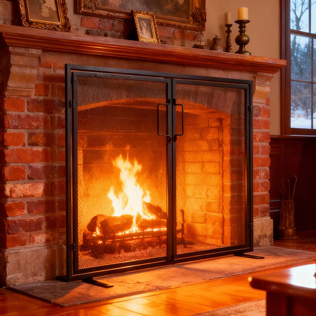 Black 2 Panel Fireplace Screen with Hinged Doors D6510