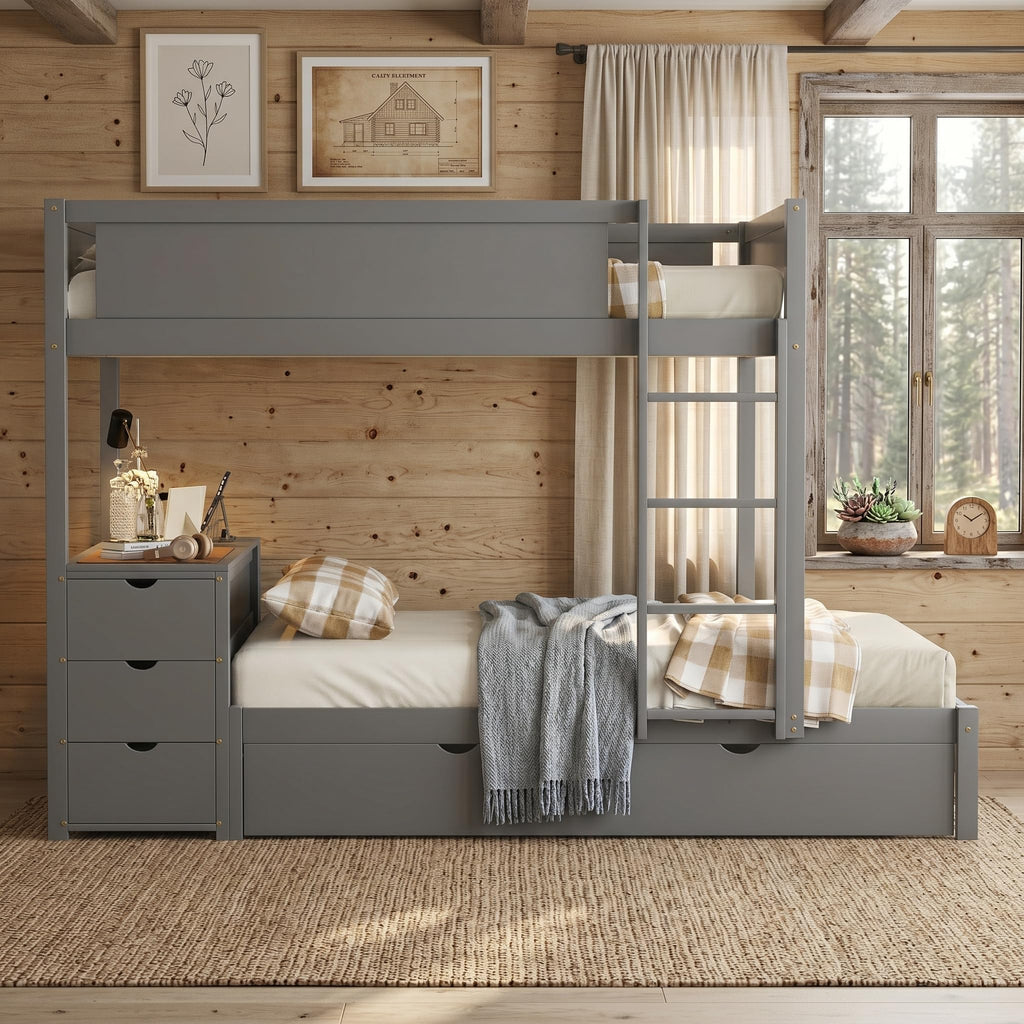 Gray Wood Full Over Full Bunk Bed with Twin Trundle I886